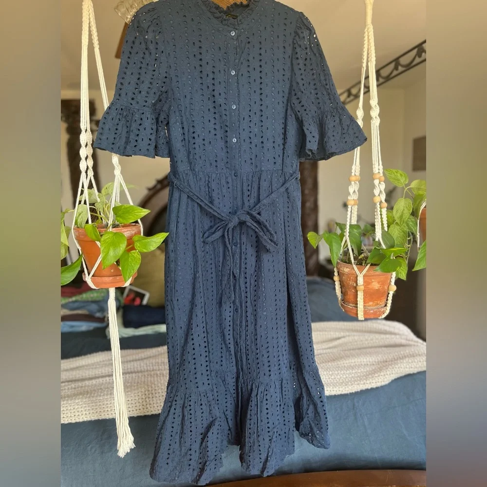 Navy Blue Cotton Eyelet Midi Dress - Picture 3 of 8